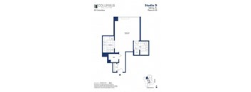 A floor plan for Studio D in the Columbus Collection shows a living area, a bedroom, a kitchen, and a bathroom.