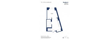 A floor plan for Studio A at 70 Columbus shows a 409 square foot space on floors 4-18.