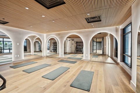 a yoga room with yoga mats on the floor and archways