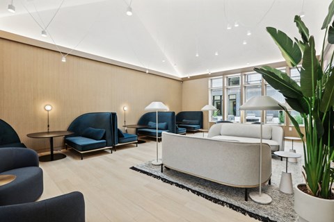 a lobby with couches and chairs and a large potted plant