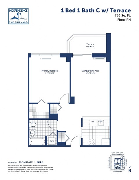 the floor plan of 1 bed 1 bath cw terrace