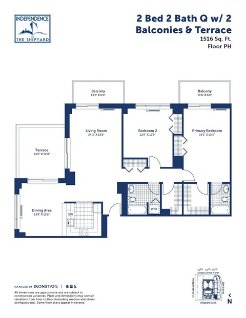 the floor plan of 2 bed 2 bath a w2 bathrooms and a terrace