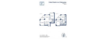 A floor plan for a 3 Bed 3 Bath Apartment with 2 Balconies.