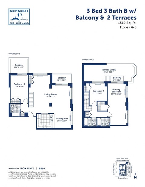 a floor plan of two bedrooms and two baths and a terrace