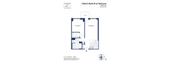 A floor plan for a 1 Bed 1 Bath unit with a balcony at Sovereign The Shipyard.