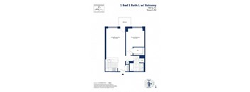 A floor plan for a 1 Bed 1 Bath LWB with Balcony.