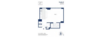A floor plan for Studio B at Sovereign The Shipyard shows a living area, bedroom, and bathroom.
