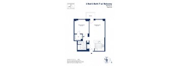 A floor plan for a 1 Bed 1 Bath unit with balcony at Sovereign The Shipyard.