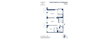 A floor plan for a 2 bedroom, 2 bathroom apartment with 2 balconies.