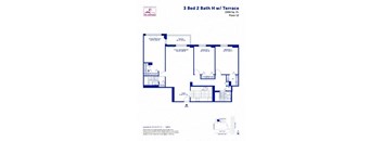 A floor plan for a 3 bedroom, 2 bathroom house with terrace.