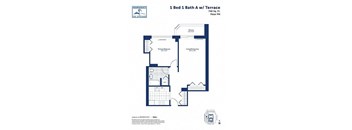 A floor plan for a 1 Bed 1 Bath apartment with terrace.