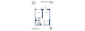 A blueprint of a 1 Bed 1 Bath Floor Plan with Balcony.