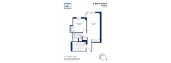 A blueprint of a 1 Bed 1 Bath G apartment in Independence The Shipyard.
