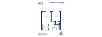 A blueprint of a 1 Bed 1 Bath H with Balcony.