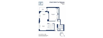 A floor plan for a 1 Bed 1 Bath property with a balcony.