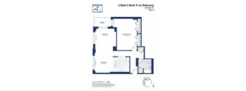 A floor plan for a 1 Bed 1 Bath property with a balcony.