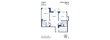 A blueprint of a 2 Bed 2 Bath apartment with a primary bedroom, a living room, a dining room, and a bathroom.