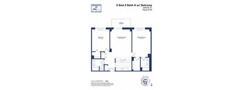 A blueprint of a 2 Bed 2 Bath K w/ Balcony.