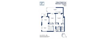 A floor plan for a 2 bedroom, 2 bathroom apartment with balcony and terrace.