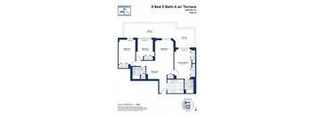 A floor plan for a 3 bedroom, 2 bathroom apartment with terrace.