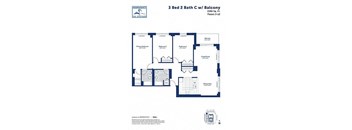 A floor plan for a 3 bedroom, 2 bathroom apartment with a balcony.