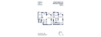 A floor plan for a 3 Bed 3 Bath apartment with a balcony and terrace.