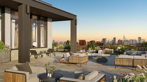 a rendering of a rooftop terrace with couches and tables