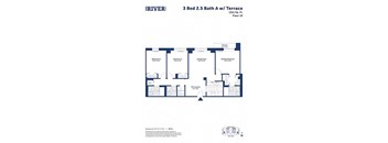 A floor plan for a 3 bedroom, 2.5 bathroom apartment with terrace.
