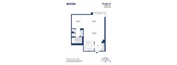 A blueprint of Studio D, a 836 square foot, 5-bedroom apartment.