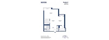 A blueprint of a studio apartment layout with a living room, kitchen, and bathroom.