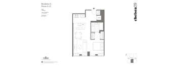 A floor plan for Residence E Floor 3-12 with a kitchen, living room, and bedrooms.