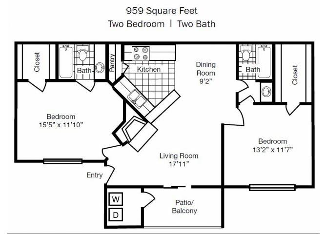 Two Bedroom Two Bathroom Floor Plan 959 Square Feet