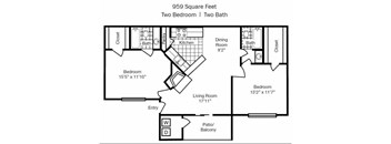 Two Bedroom Two Bathroom Floor Plan 959 Square Feet