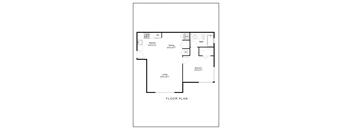 A floor plan of a living space with a kitchen, dining area, bathroom, and bedroom.