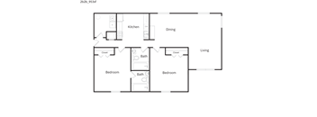 A floor plan of a house with a kitchen, dining room, living room, and two bedrooms.