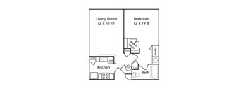 A drawing of a house layout with a living room, kitchen, bedroom, and bathroom.