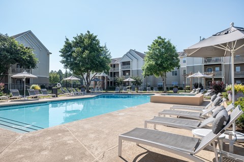 A swimming pool surrounded by sun loungers and umbrellas.