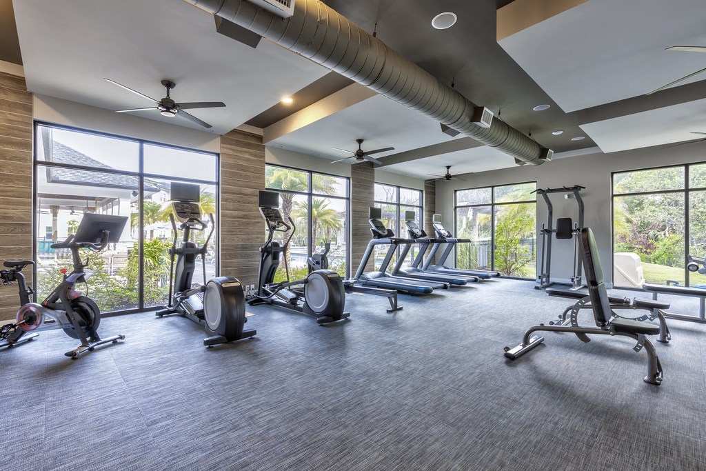 a gym with treadmills and other exercise equipment and windows