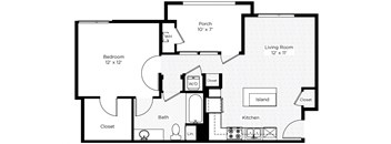 1AA-S 1 Bed 1 Bath Floor Plan