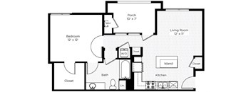 1AA-S 1 Bed 1 Bath Floor Plan