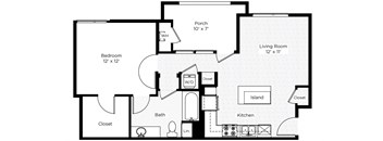 1AD-S 1 Bed 1 Bath Floor Plan