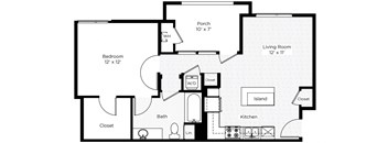 1AF-S 1 Bed 1 Bath Floor Plan