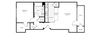 1B-N 1 Bed 1 Bath Floor Plan