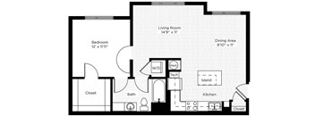 1BG West 1 Bedroom 1 Bathroom Floor Plan