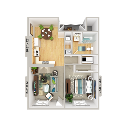 1 bedroom 1 bathroom floorplan at Patriot Point Apartment Homes, Spring Lake 
