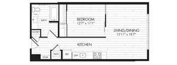 1E-L 1 Bedroom 1 Bathroom Floor Plan