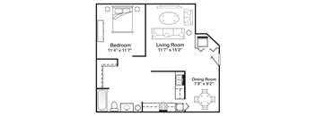 One Bedroom One Bathroom Studio Floor Plan