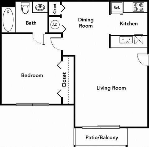 1 Bedroom 1 Bathroom Floor Plan 584 square feet