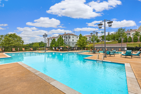 A large swimming pool with a blue tinted water and a brownish floor.