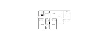 A floor plan of a house with a kitchen, dining room, living room, and three bedrooms.